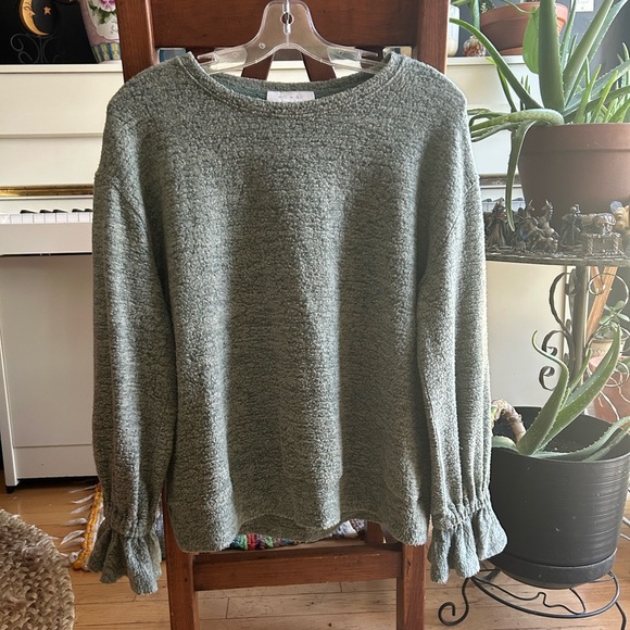 Anthropologie Eri + Ali Green Crewneck Sweater with Ruched Cuffs - Picture 1 of 15